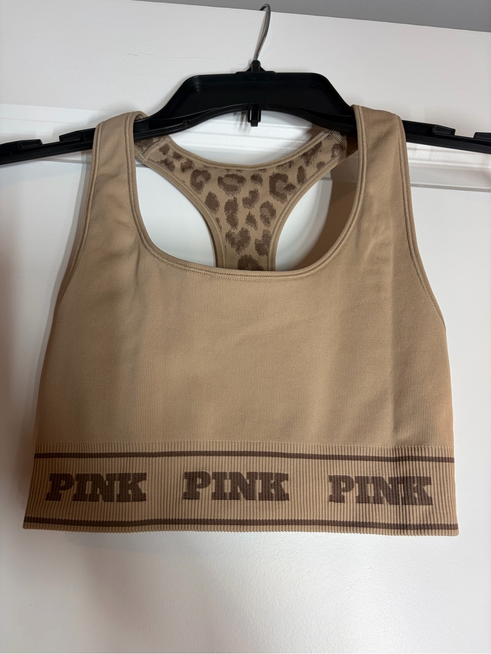 PINK Reversible VS Tan Seamless Racerback Sports Bra with Leopard Accent
